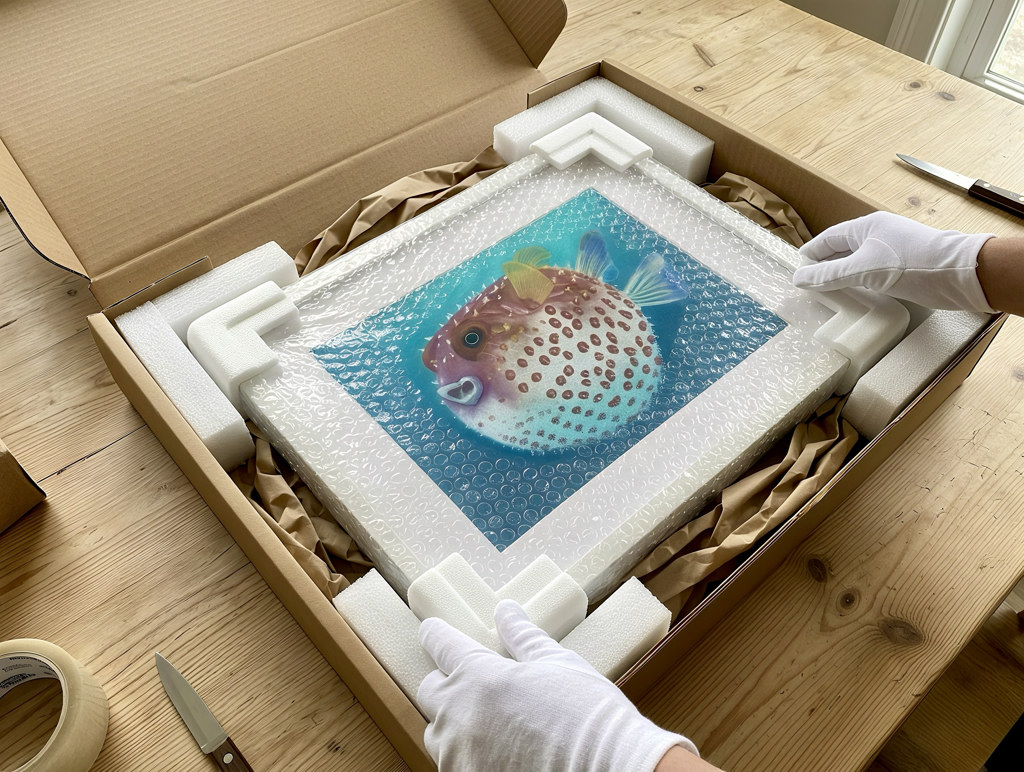 Framed pastel artwork carefully unboxed from protective packaging