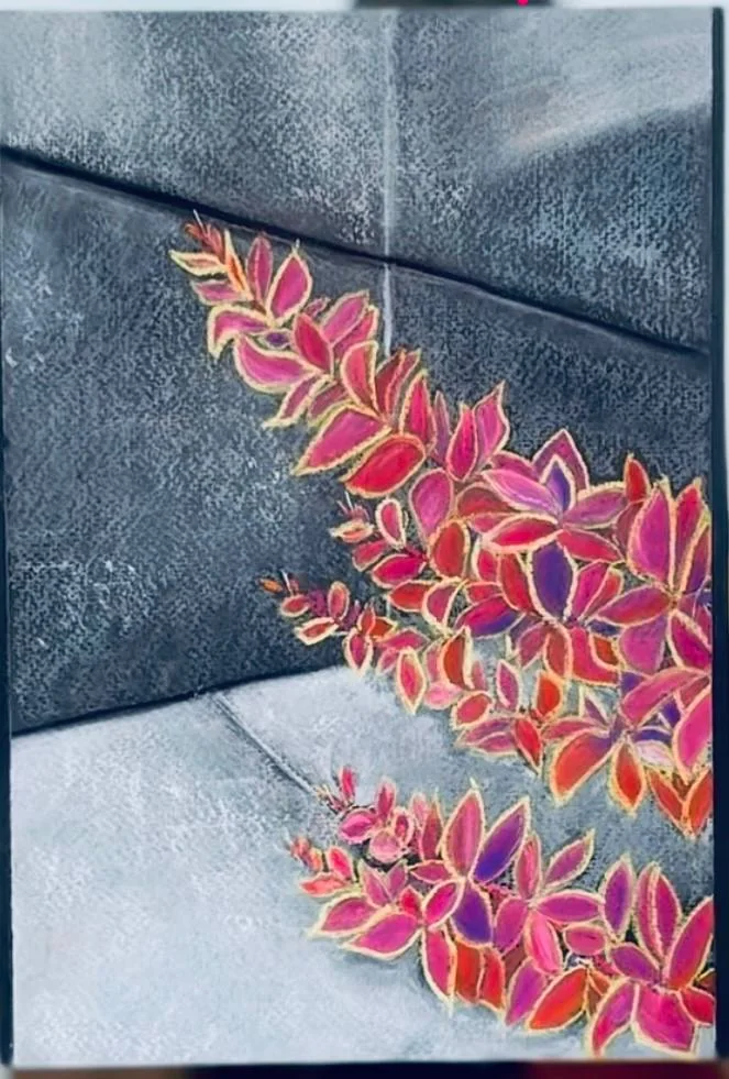 Curving branch with pink and gold-edged leaves on dark ground